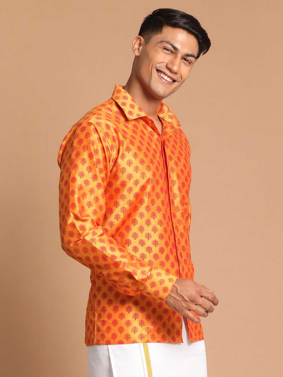 Men's Orange Silk Blend Printed Shirt