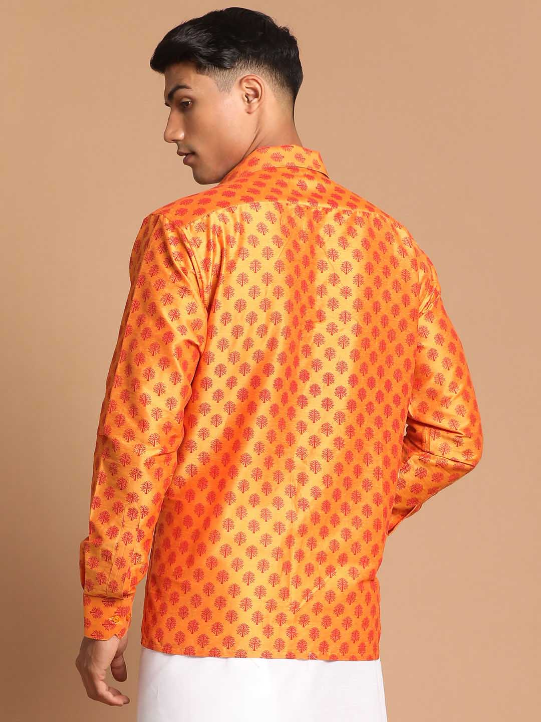 Men's Orange Silk Blend Printed Shirt