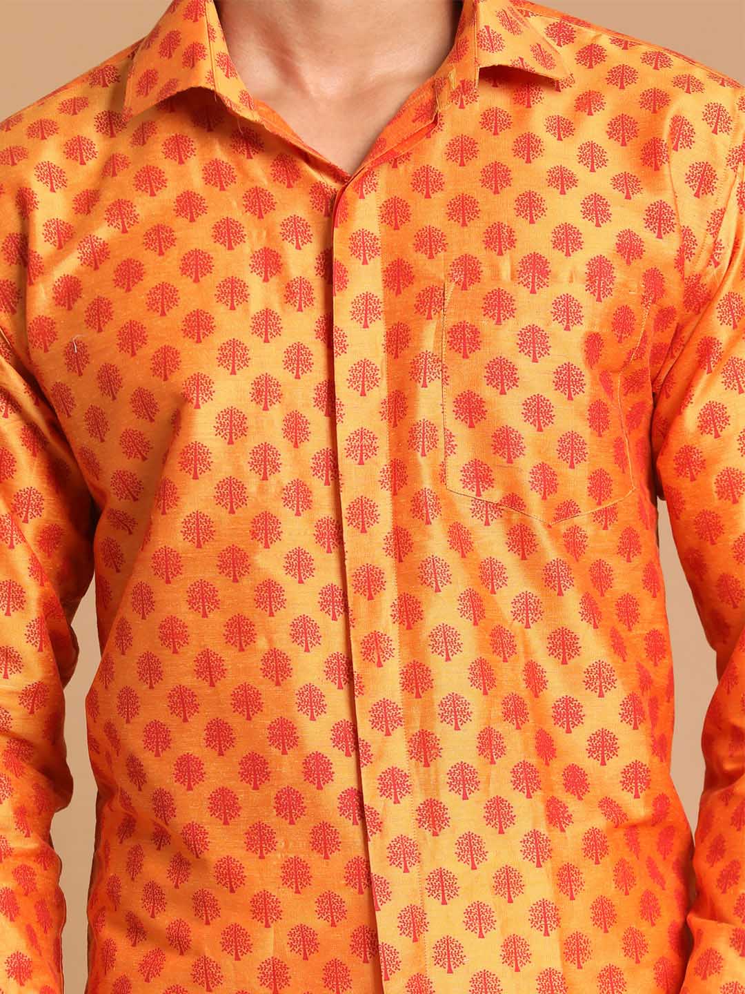 Men's Orange Silk Blend Printed Shirt