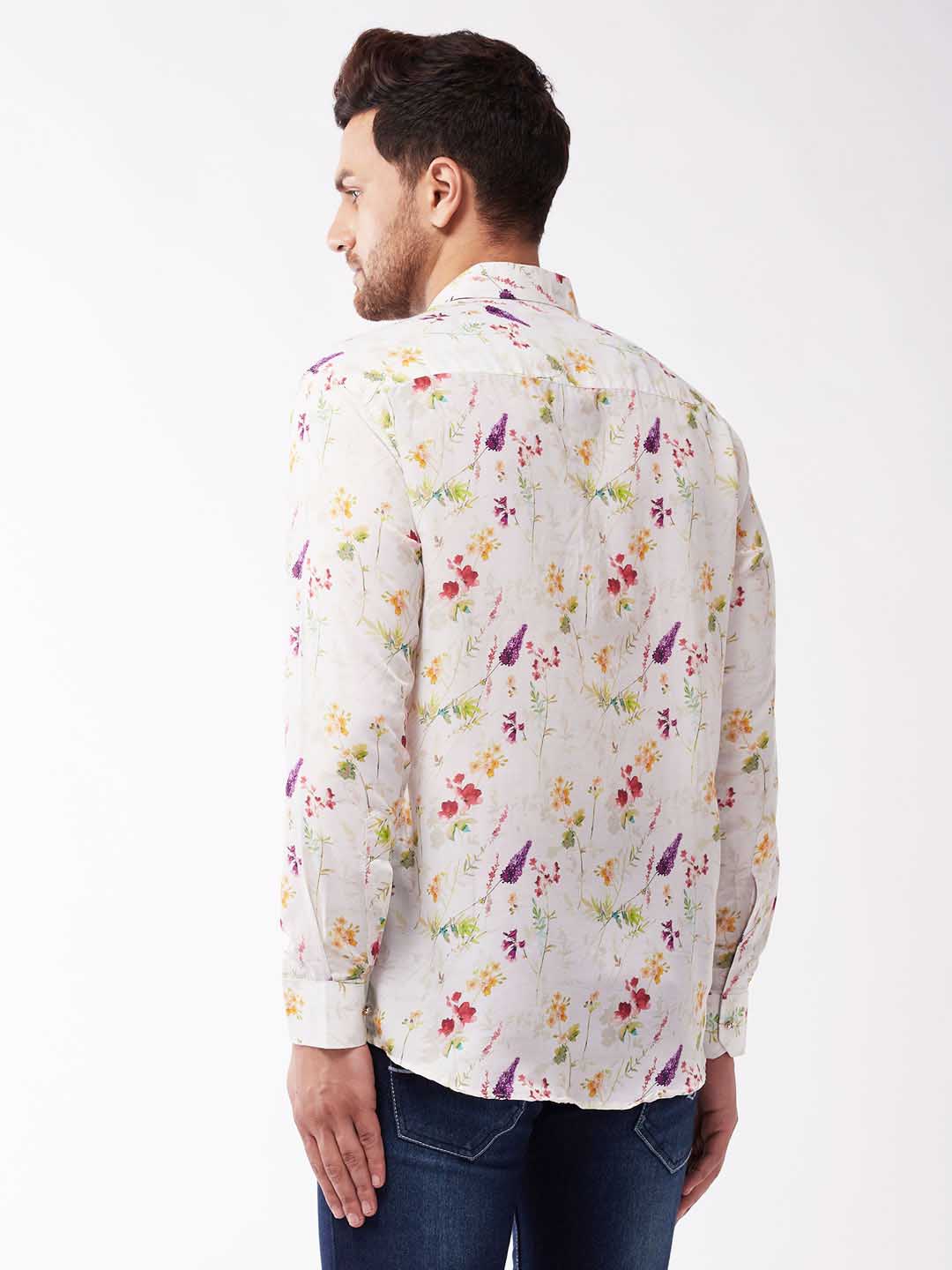 Men's Multicolour-Base-Cream Muslin Ethnic Shirtt