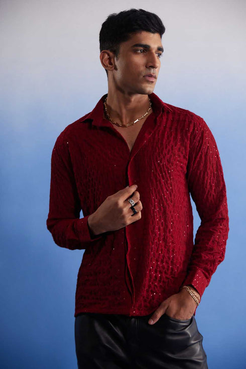 Men's Maroon Fancy Sequined Shirt