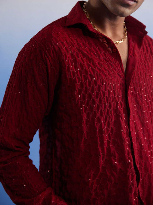 Men's Maroon Fancy Sequined Shirt