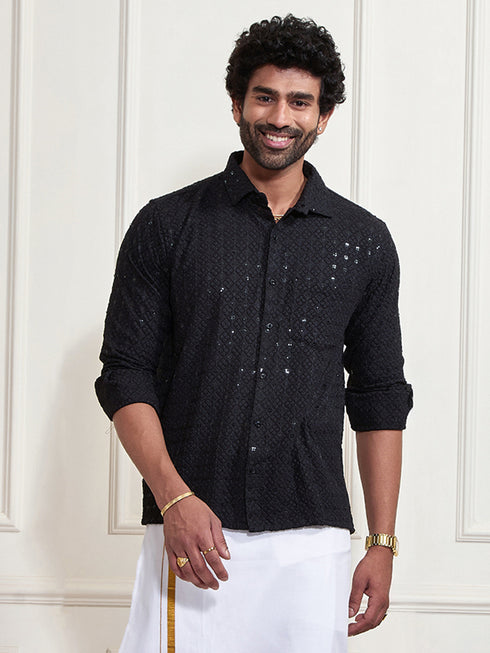 Men's Black Rayon Embellished Shirt