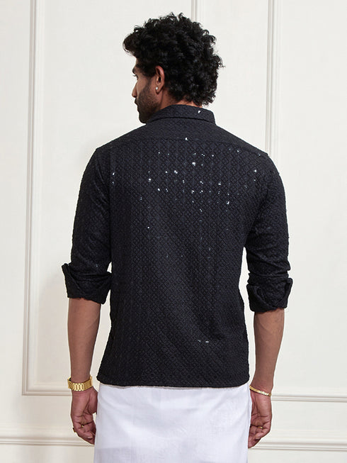 Men's Black Rayon Embellished Shirt