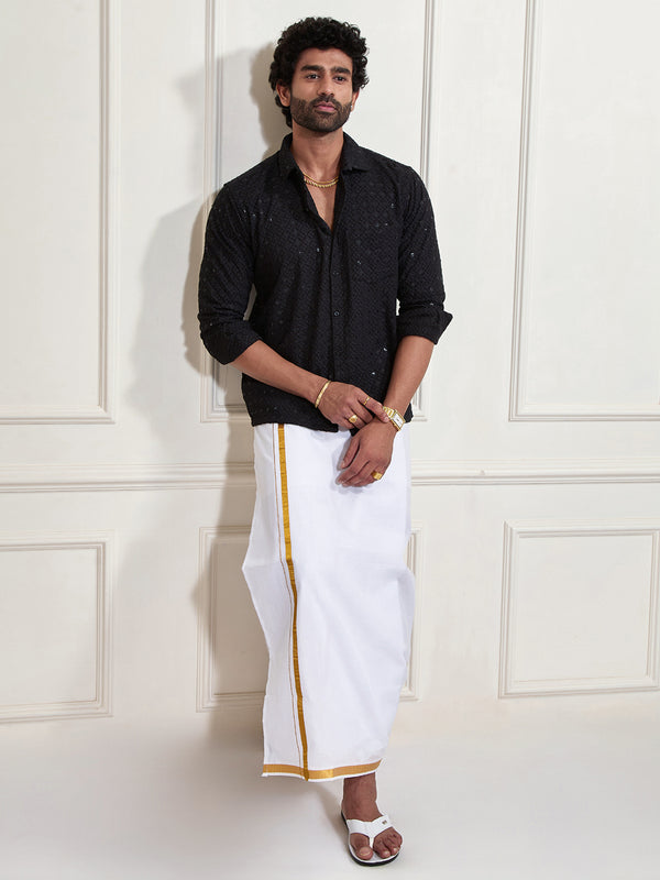 Men's Black Rayon Ethnic Shirt And Mundu Set