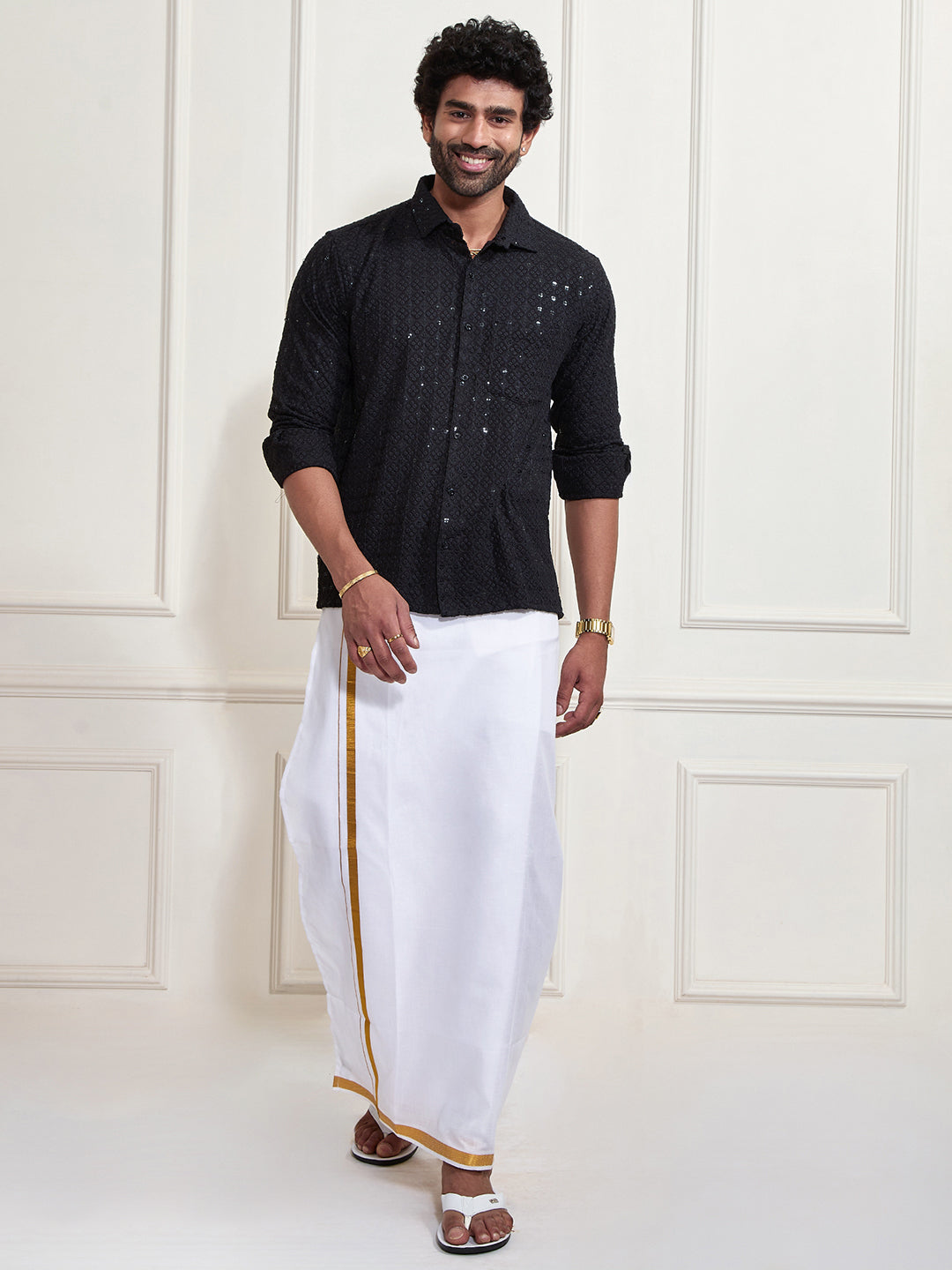 Men's Black Rayon Ethnic Shirt And Mundu Set