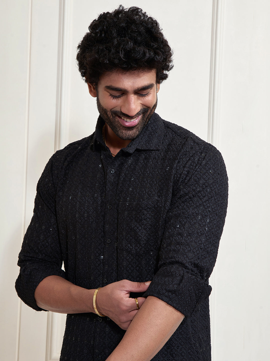 Men's Black Rayon Ethnic Shirt And Mundu Set