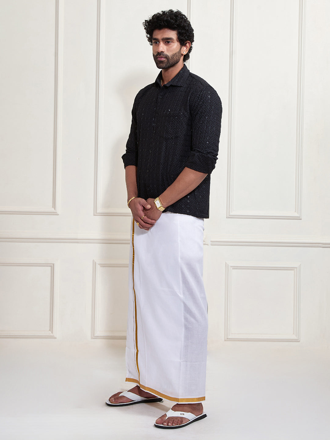 Men's Black Rayon Ethnic Shirt And Mundu Set