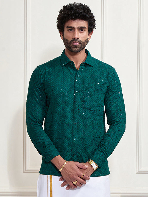 Men's Green Rayon Embellished Shirt