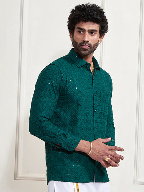 Men's Green Rayon Embellished Shirt