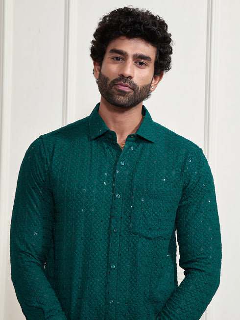 Men's Green Rayon Embellished Shirt