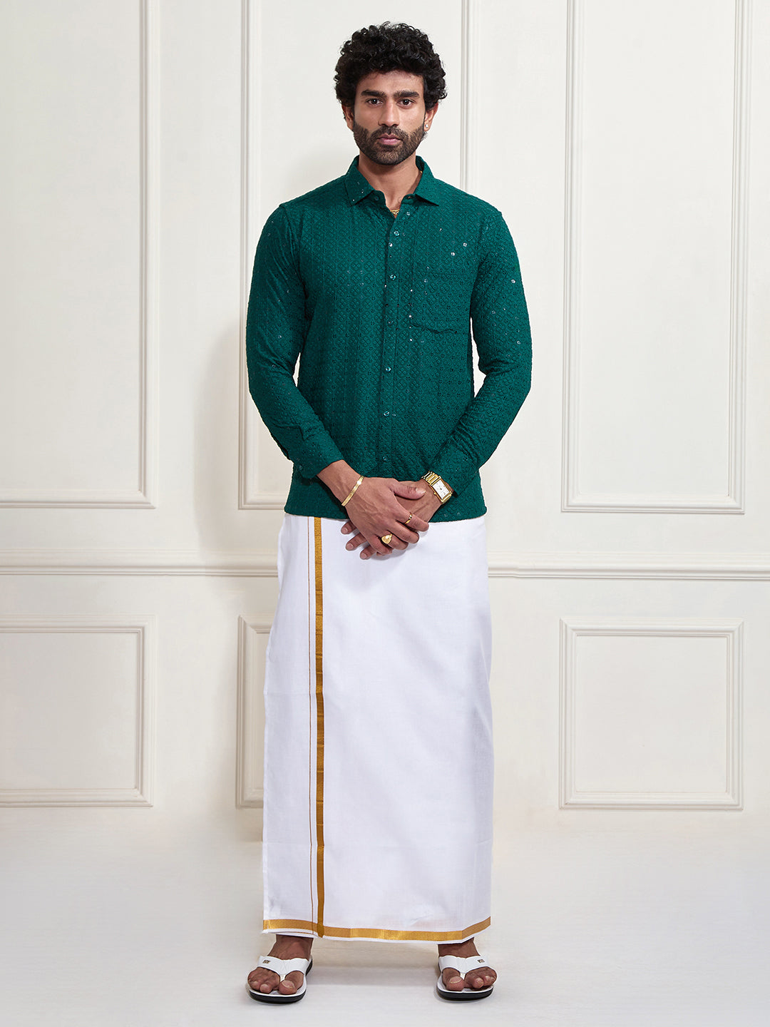 Men's Green Rayon Ethnic Shirt And Mundu Set