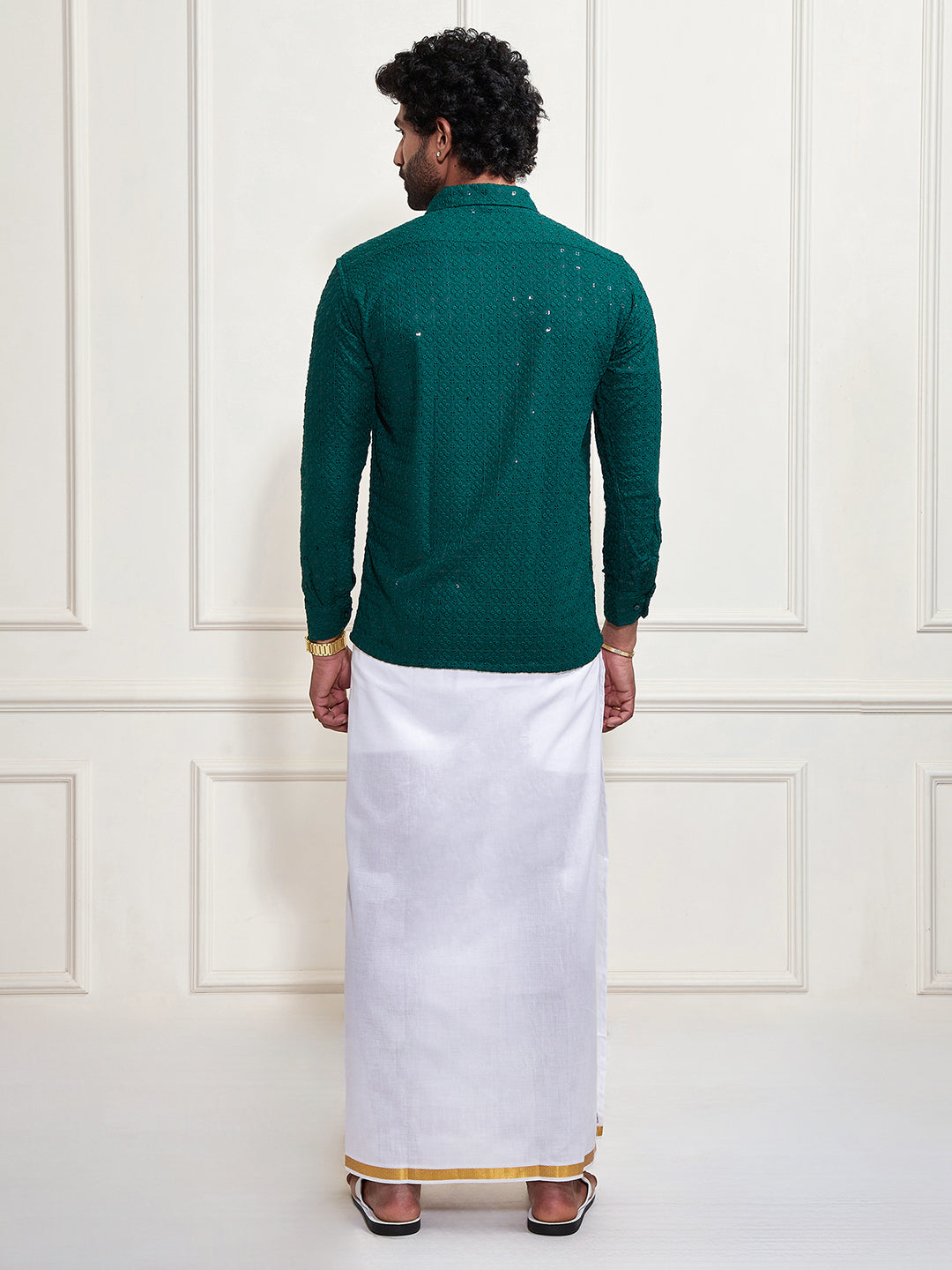 Men's Green Rayon Ethnic Shirt And Mundu Set