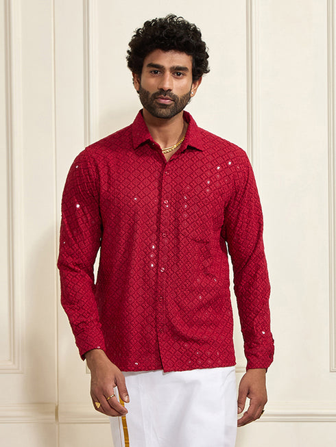 Men's Maroon Rayon Embellished Shirt