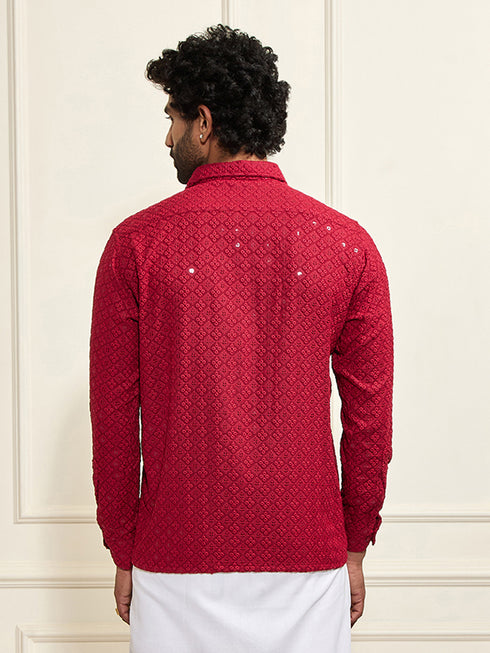 Men's Maroon Rayon Embellished Shirt