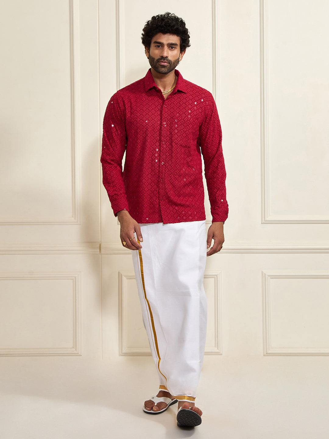 Men's Maroon Rayon Ethnic Shirt And Mundu Set