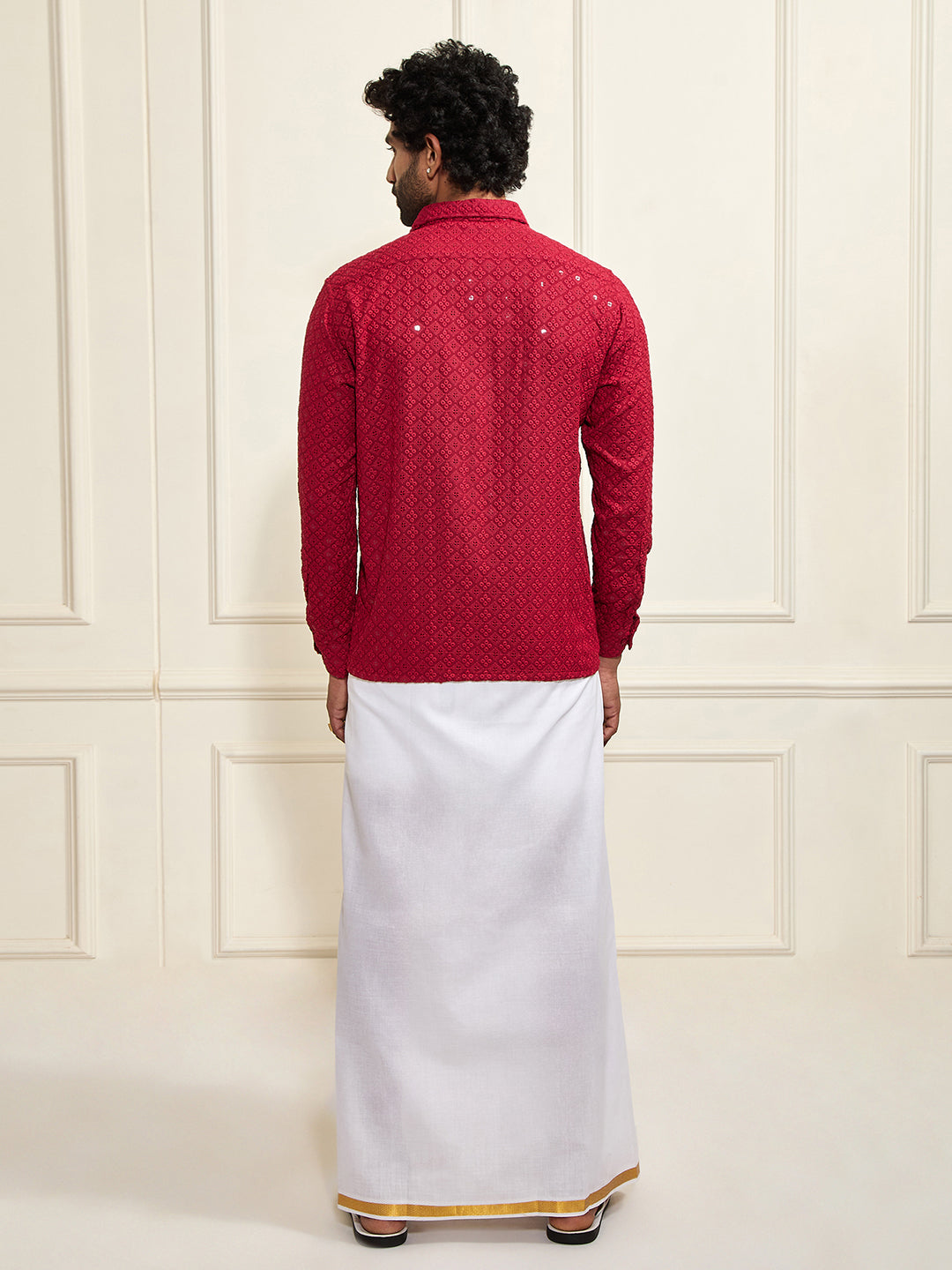 Men's Maroon Rayon Ethnic Shirt And Mundu Set