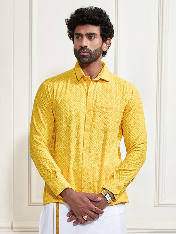 Men's Yellow Rayon Embellished Shirt