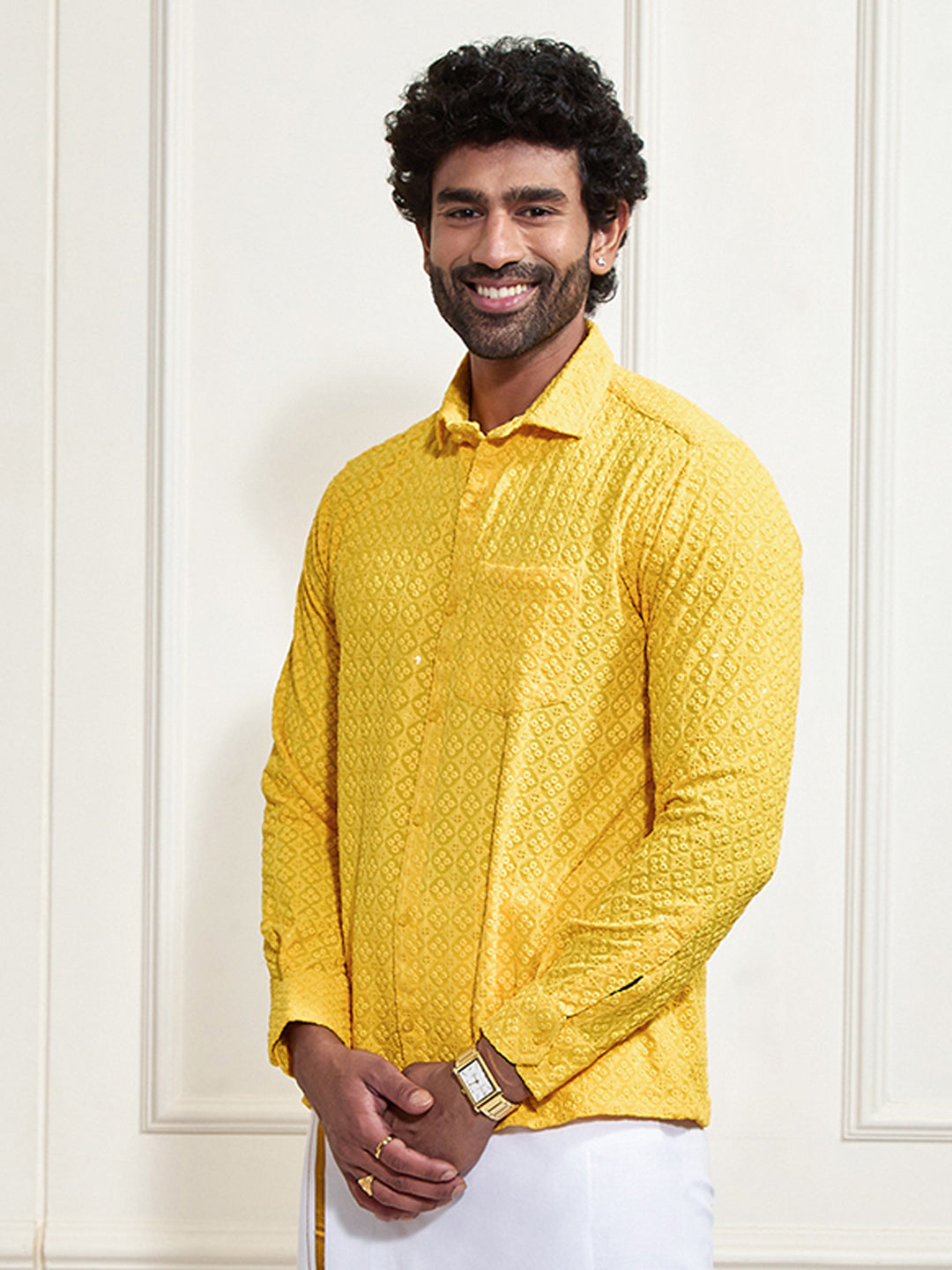 Men's Yellow Rayon Embellished Shirt