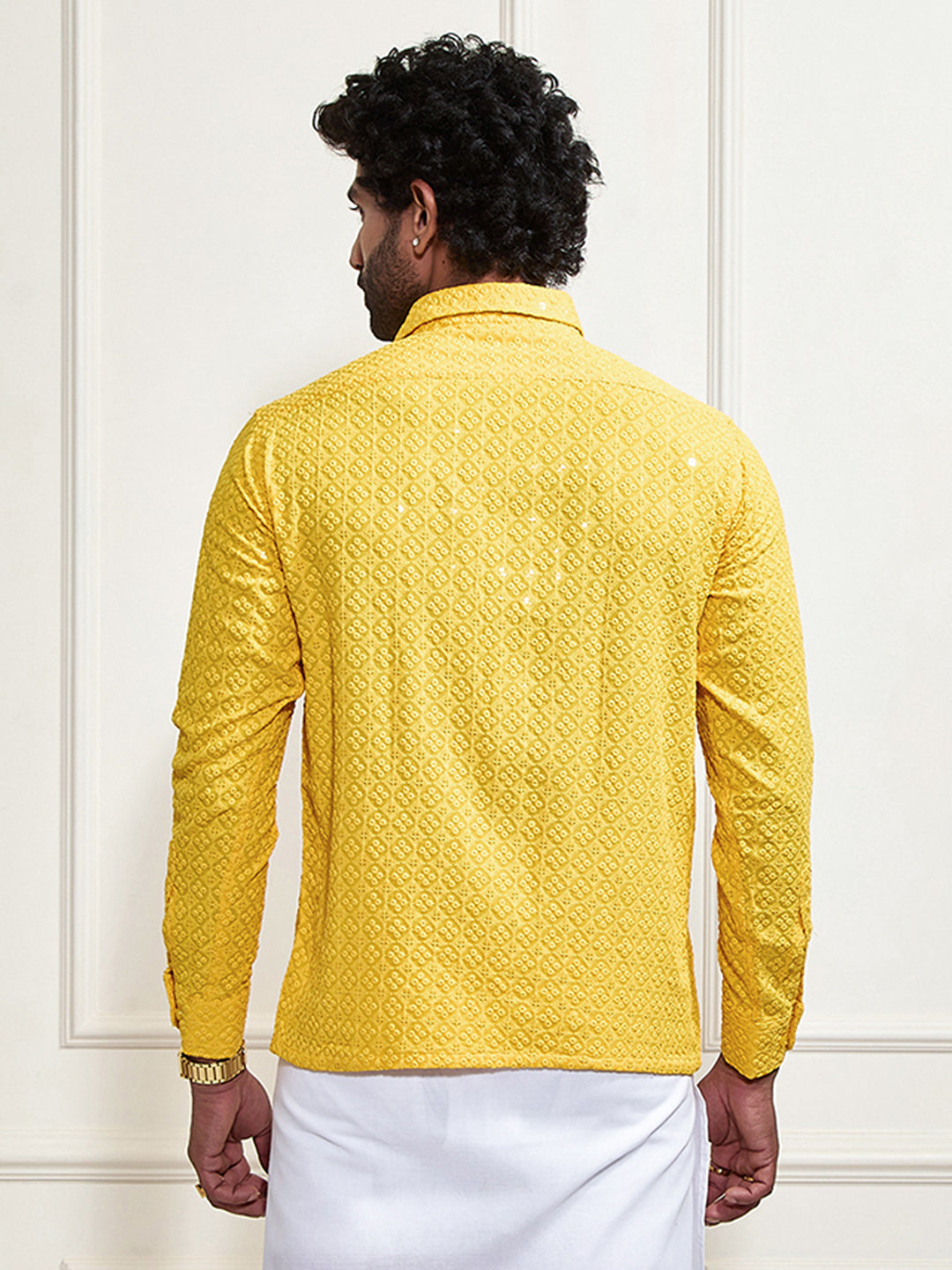 Men's Yellow Rayon Embellished Shirt