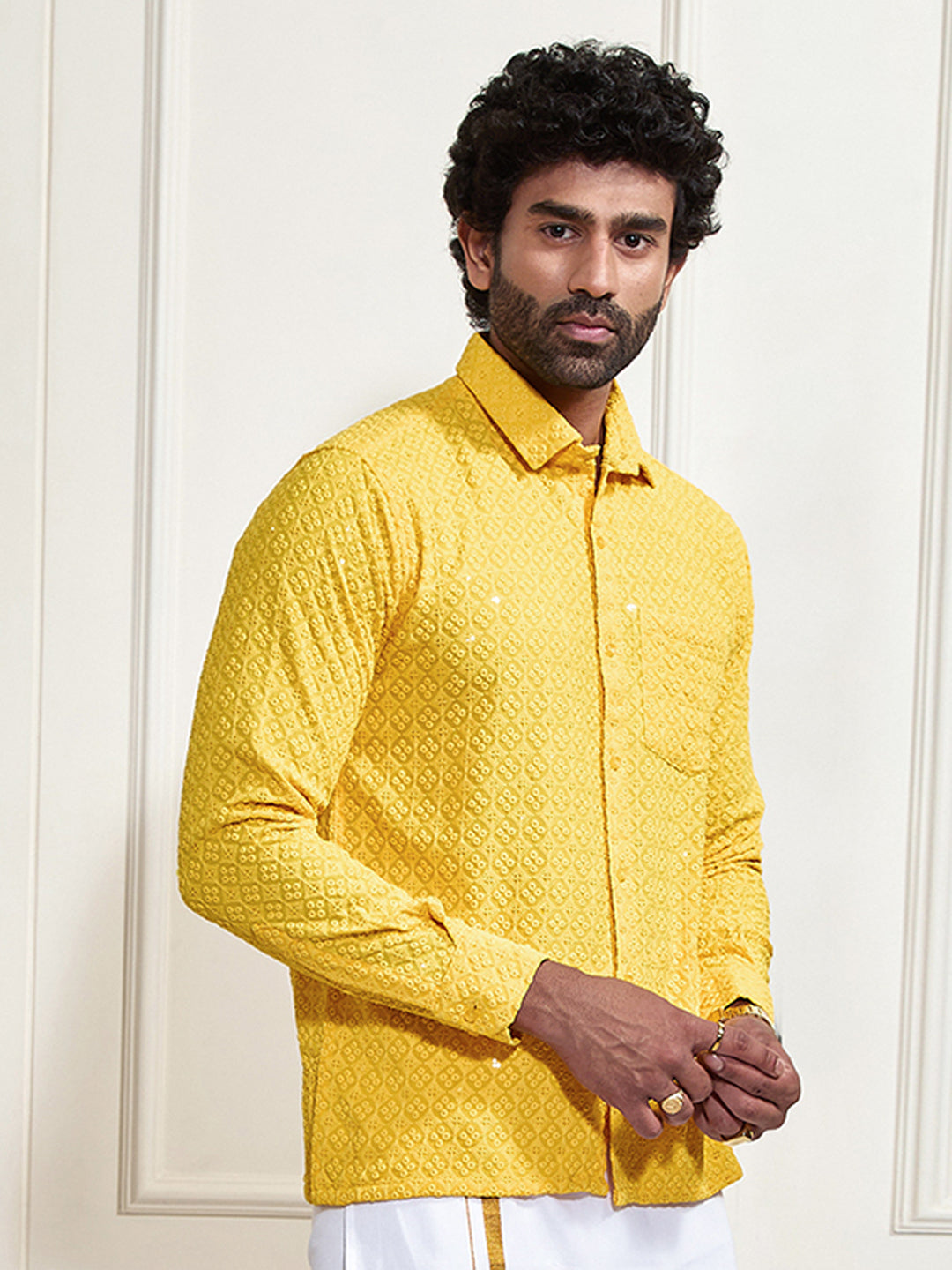 Men's Yellow Rayon Embellished Shirt
