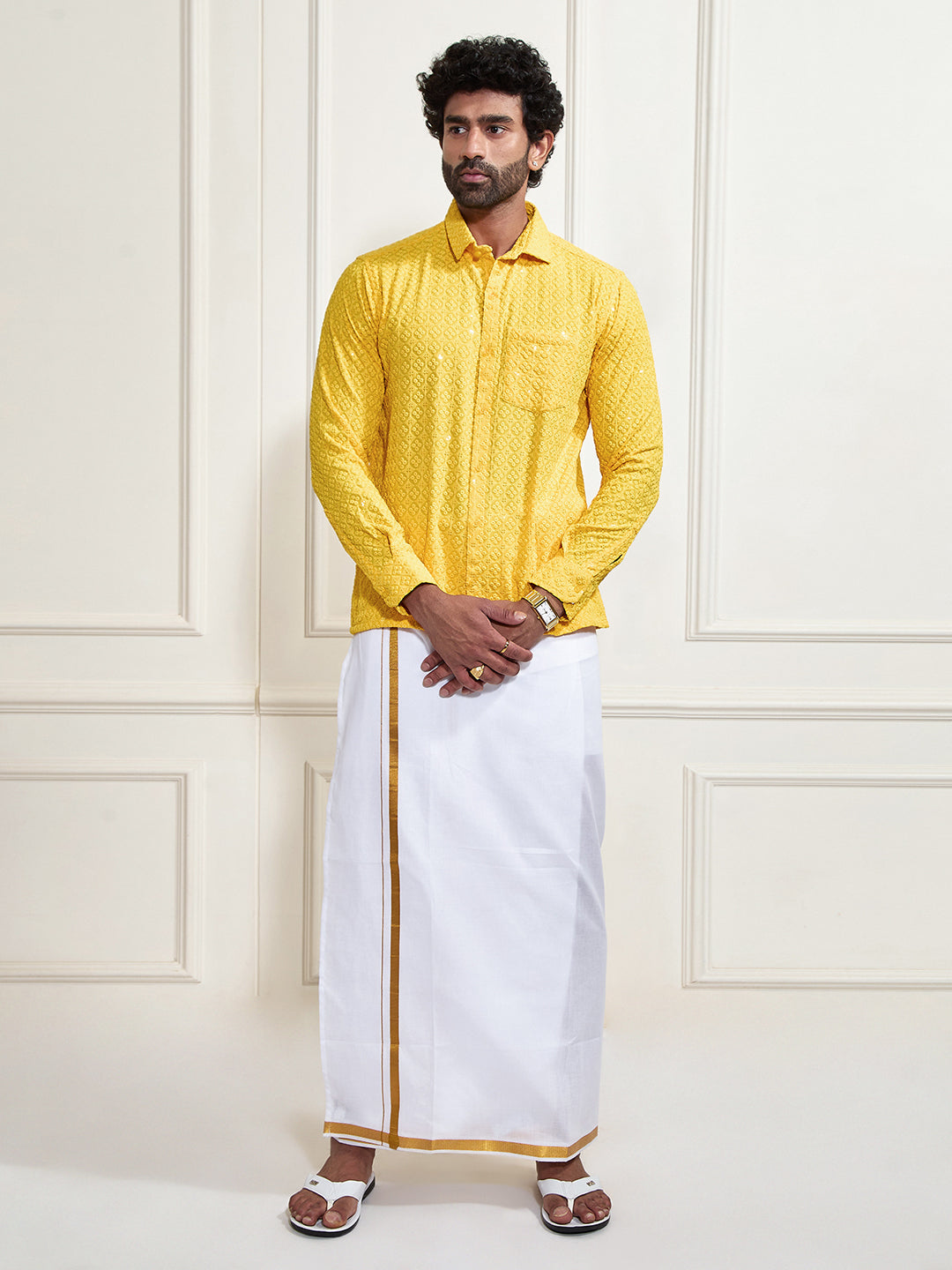 Men's Yellow Rayon Ethnic Shirt And Mundu Set