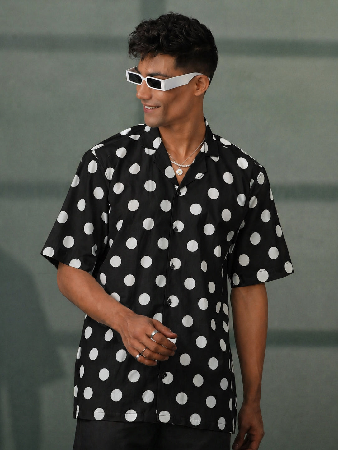 Men's Black Cambric Cotton Polka Regular Shirt