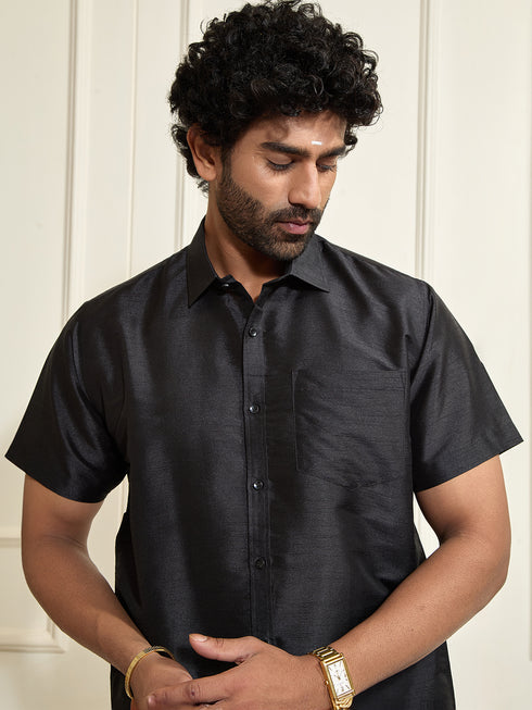 Men's Black Silk Blend Ethnic Shirt