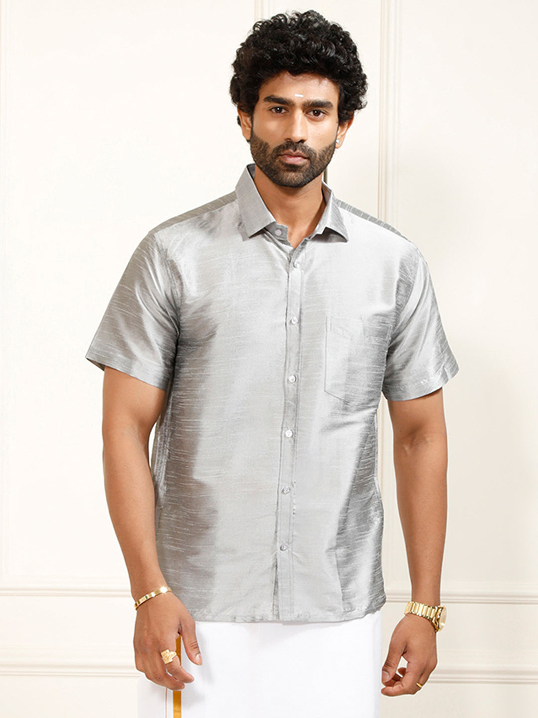 Men's Grey Silk Blend Ethnic Shirt