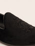 Men's Black Velvet Zardozi Embroidered Loafer | Crown & Crest Motif | Black Beads | TPR Sole