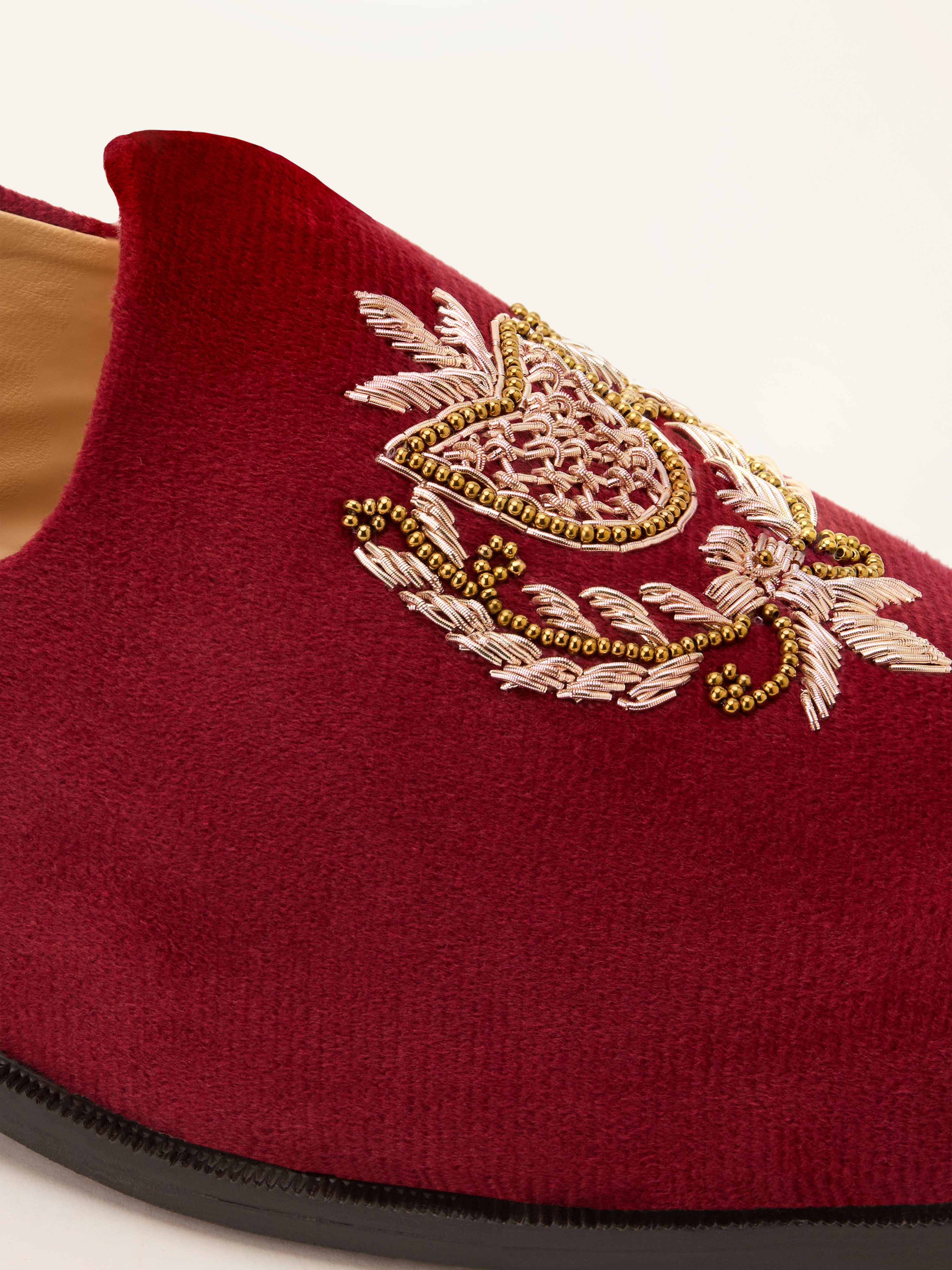 Men's Maroon Velvet Zardozi Loafer | Golden Bead & Zari Work Motif | Almond Toe | TPR Sole | All Season