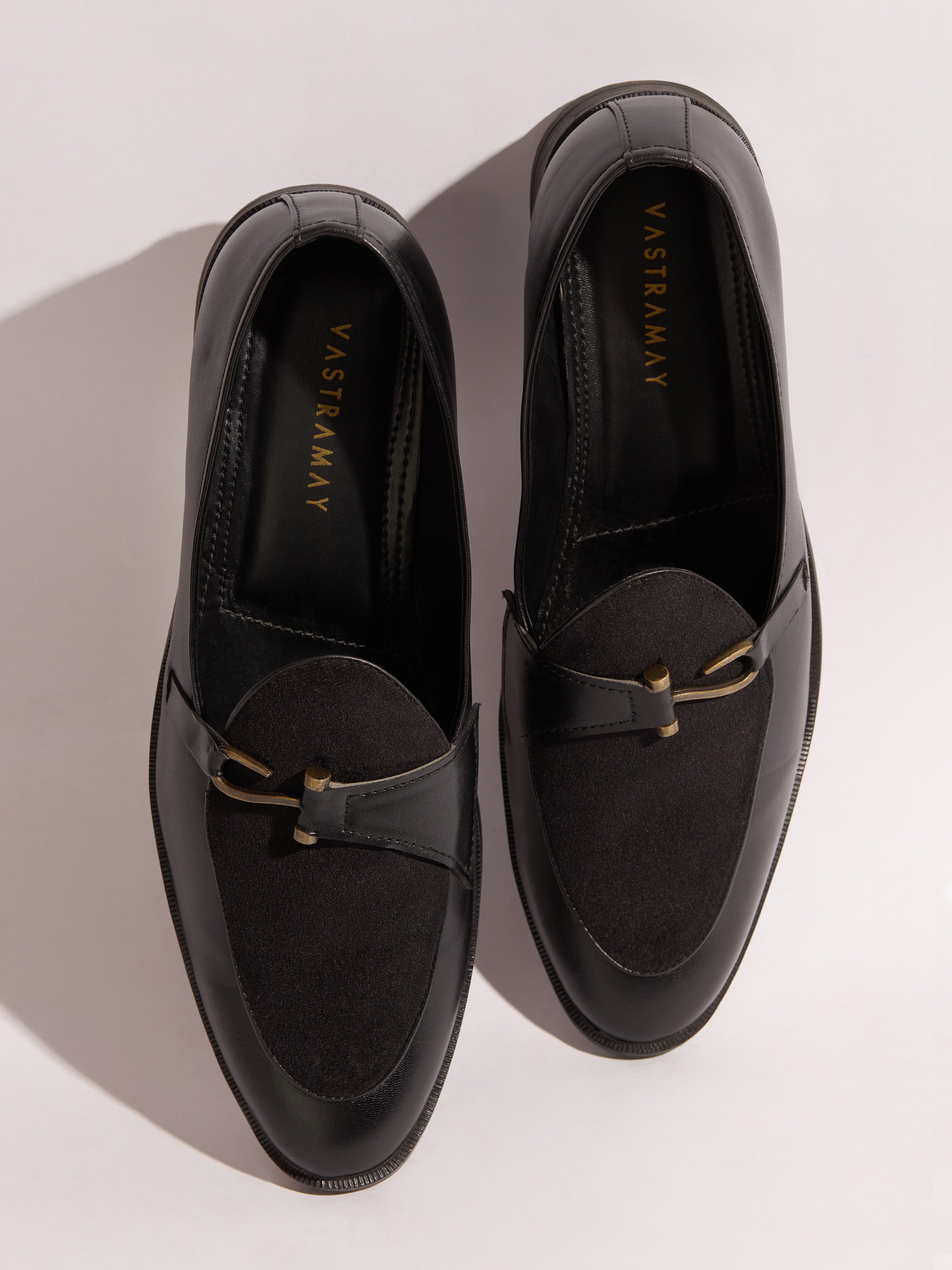 Men's Black Velvet-Suede Inlay Buckle Loafer | Brass-Toned Metallic Strap | Almond Toe | TPR Sole | All Season
