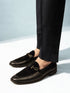 Men's Black Velvet-Suede Inlay Buckle Loafer | Brass-Toned Metallic Strap | Almond Toe | TPR Sole | All Season