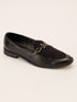 Men's Black Velvet-Suede Inlay Buckle Loafer | Brass-Toned Metallic Strap | Almond Toe | TPR Sole | All Season