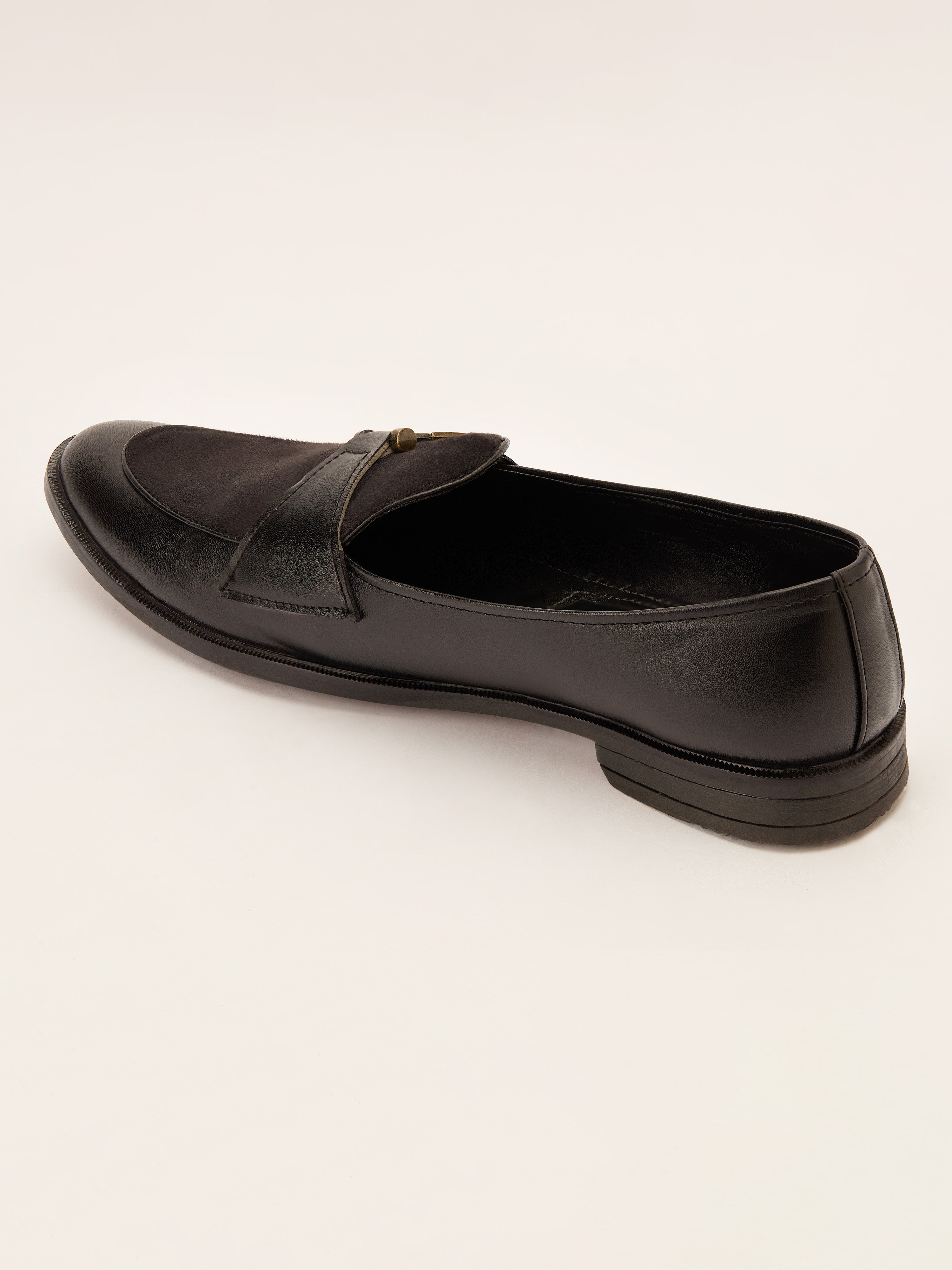 Men's Black Velvet-Suede Inlay Buckle Loafer | Brass-Toned Metallic Strap | Almond Toe | TPR Sole | All Season