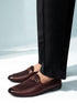 Men's Brown Velvet-Suede Inlay Buckle Loafer | Brass-Toned Metallic Strap | Almond Toe | TPR Sole | All Season