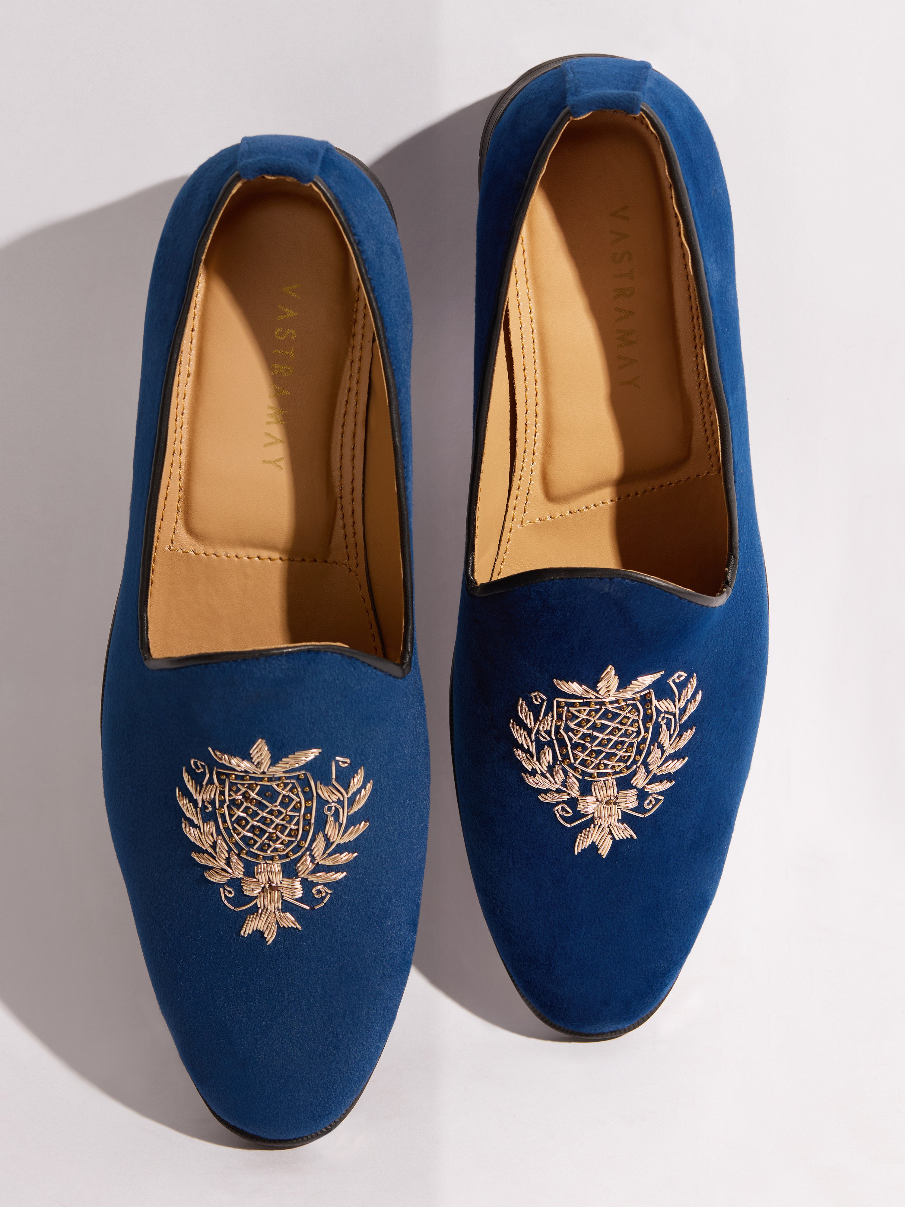 Men's Blue Velvet Zardozi Crest Loafer | Gold Shield & Laurel Wreath Motif | Golden Beads | Almond Toe | TPR Sole
