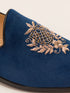 Men's Blue Velvet Zardozi Crest Loafer | Gold Shield & Laurel Wreath Motif | Golden Beads | Almond Toe | TPR Sole