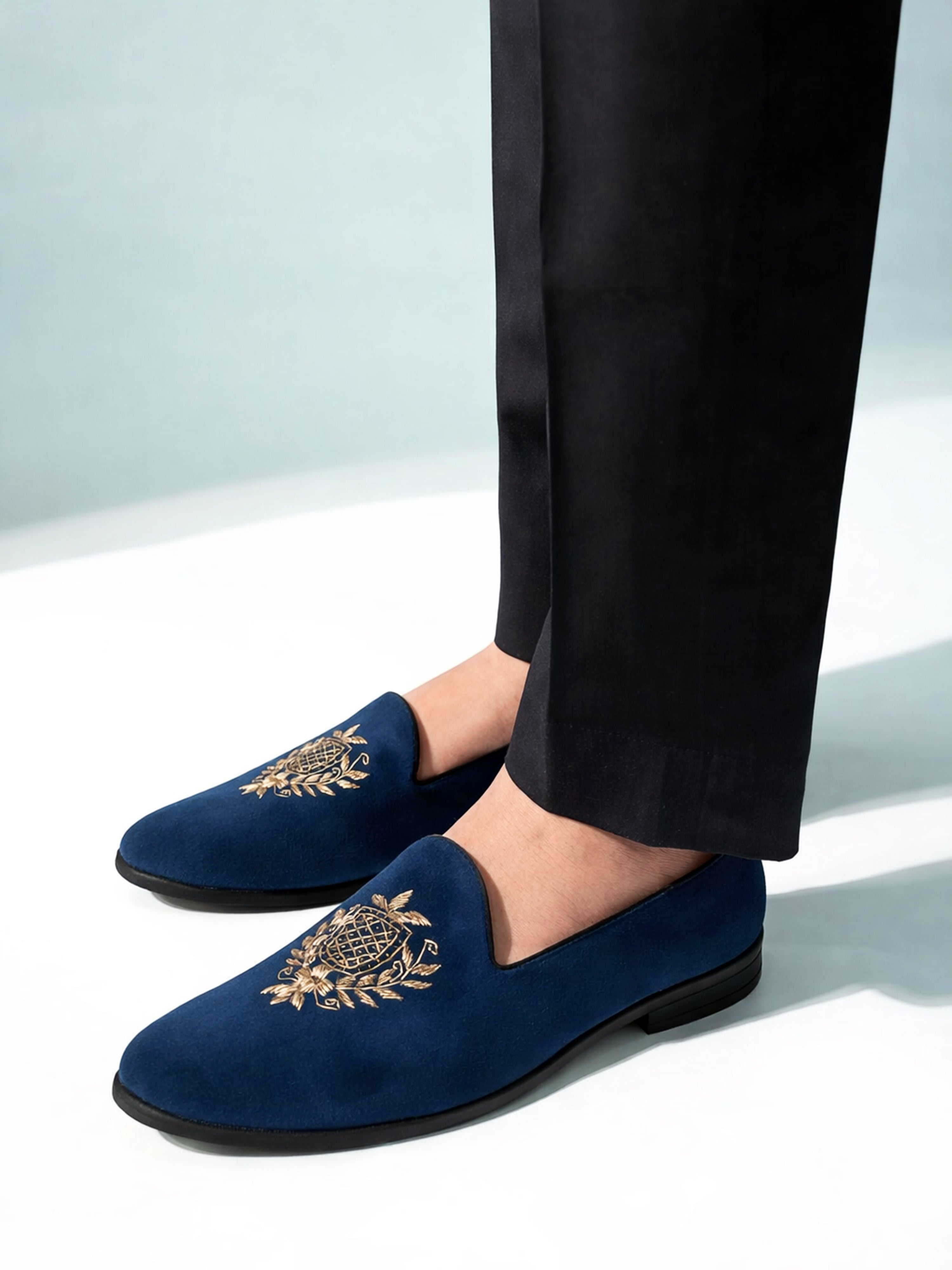 Men's Blue Velvet Zardozi Crest Loafer | Gold Shield & Laurel Wreath Motif | Golden Beads | Almond Toe | TPR Sole