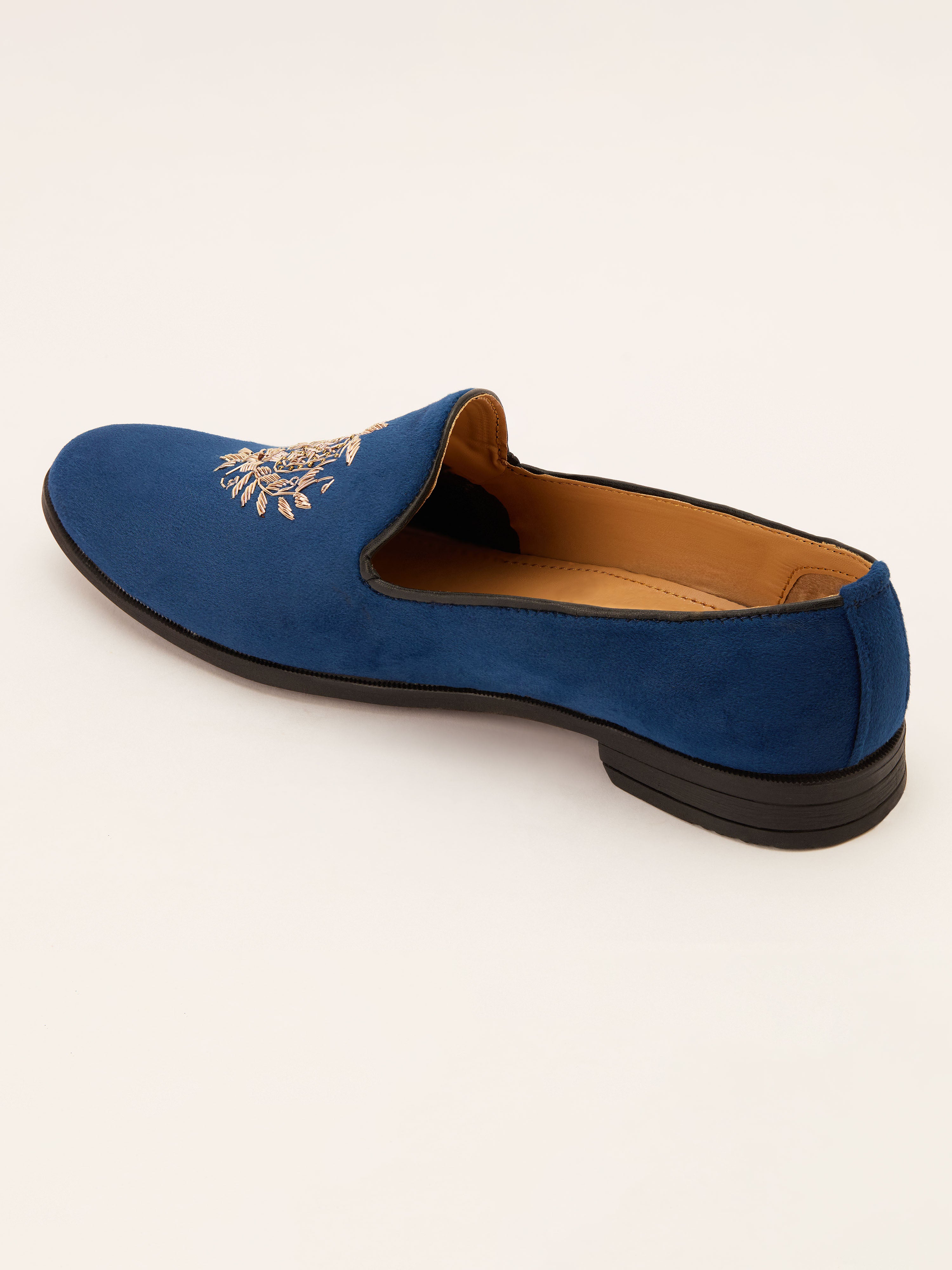 Men's Blue Velvet Zardozi Crest Loafer | Gold Shield & Laurel Wreath Motif | Golden Beads | Almond Toe | TPR Sole