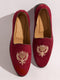 Men's Maroon Velvet Zardozi Crest Loafer | Gold Shield & Laurel Wreath Motif | Golden Beads | Almond Toe | TPR Sole