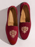 Men's Maroon Velvet Zardozi Crest Loafer | Gold Shield & Laurel Wreath Motif | Golden Beads | Almond Toe | TPR Sole