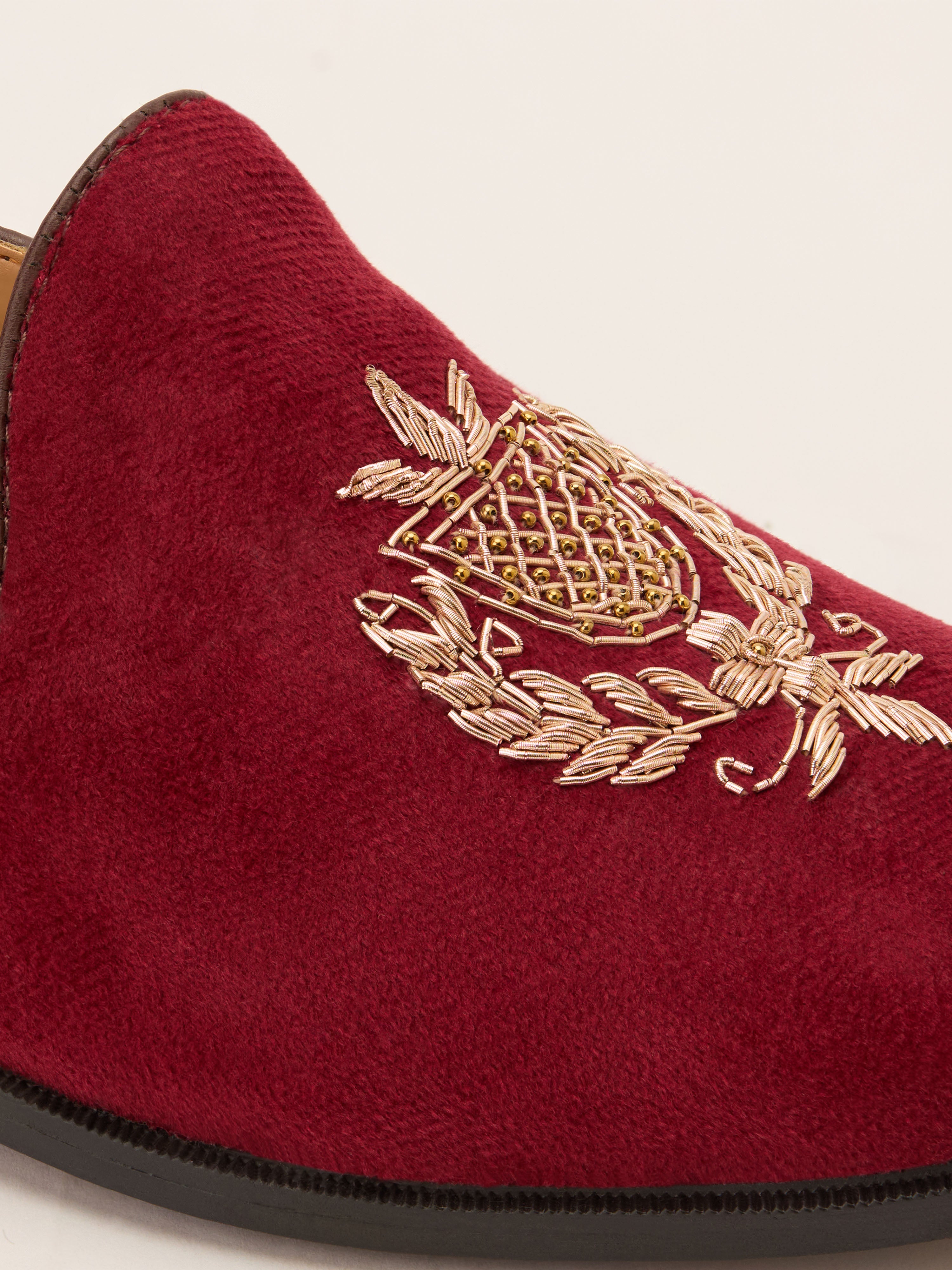 Men's Maroon Velvet Zardozi Crest Loafer | Gold Shield & Laurel Wreath Motif | Golden Beads | Almond Toe | TPR Sole