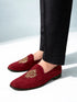 Men's Maroon Velvet Zardozi Crest Loafer | Gold Shield & Laurel Wreath Motif | Golden Beads | Almond Toe | TPR Sole