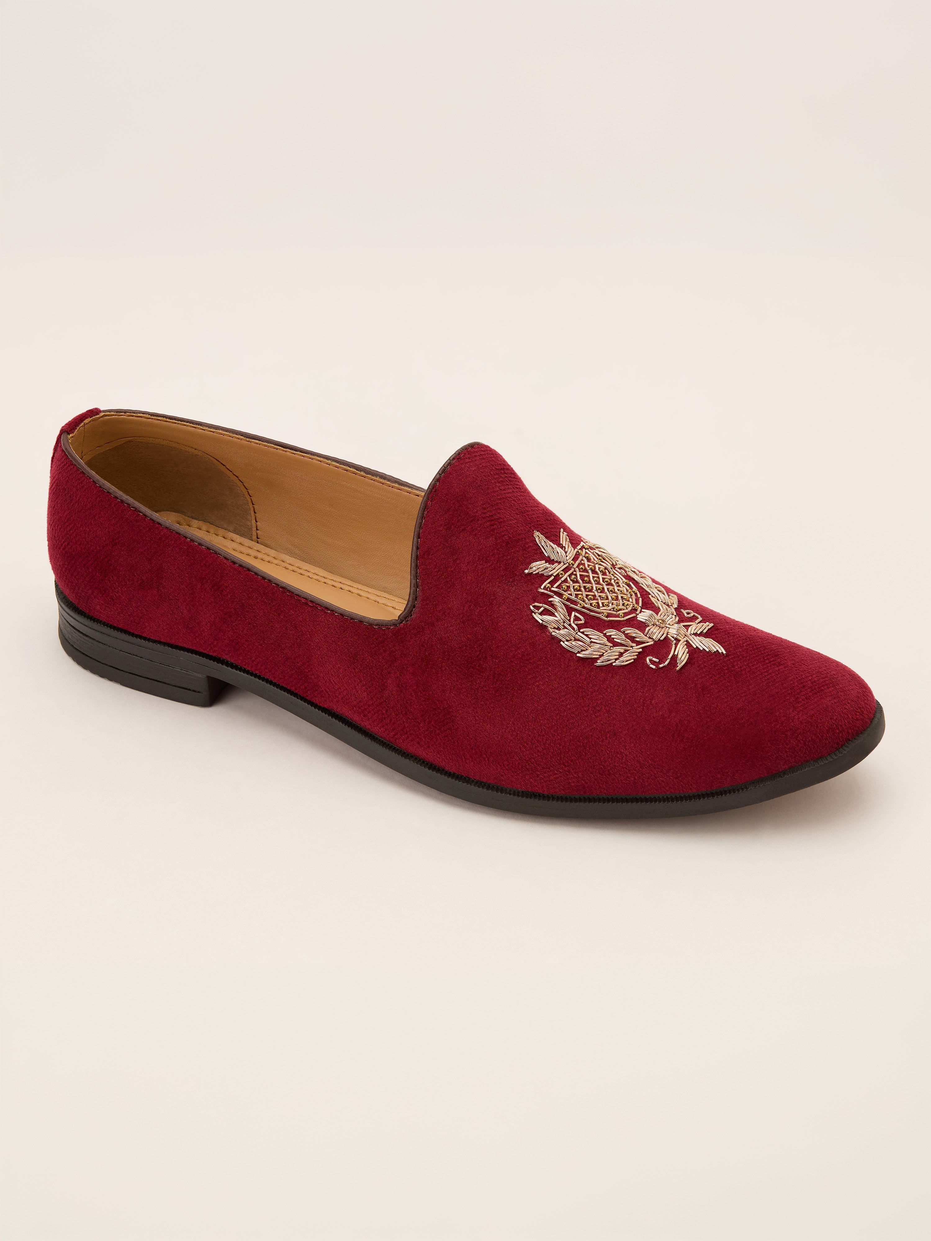 Men's Maroon Velvet Zardozi Crest Loafer | Gold Shield & Laurel Wreath Motif | Golden Beads | Almond Toe | TPR Sole