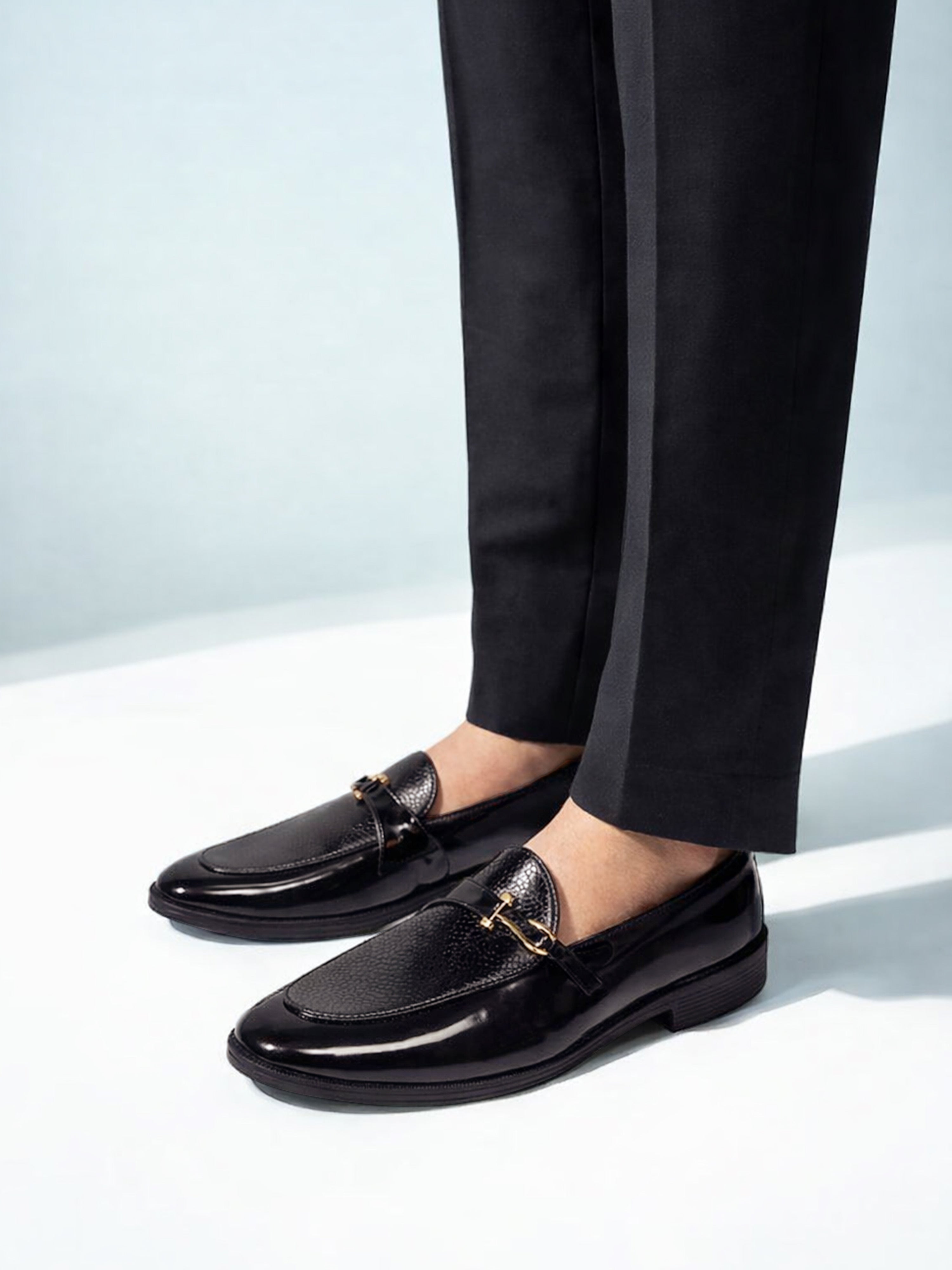 Men's Black Patent Croc-Embossed Buckle Loafer | Brass-Toned Metallic Strap | High-Shine Finish | Almond Toe | Airmix Sole