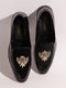 Men's Black Velvet-Patent Hybrid Loafer | Gold Zardozi Cross-Hatched Shield Crest | Golden Beads | Almond Toe | TPR Sole