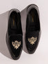 Men's Black Velvet-Patent Hybrid Loafer | Gold Zardozi Cross-Hatched Shield Crest | Golden Beads | Almond Toe | TPR Sole