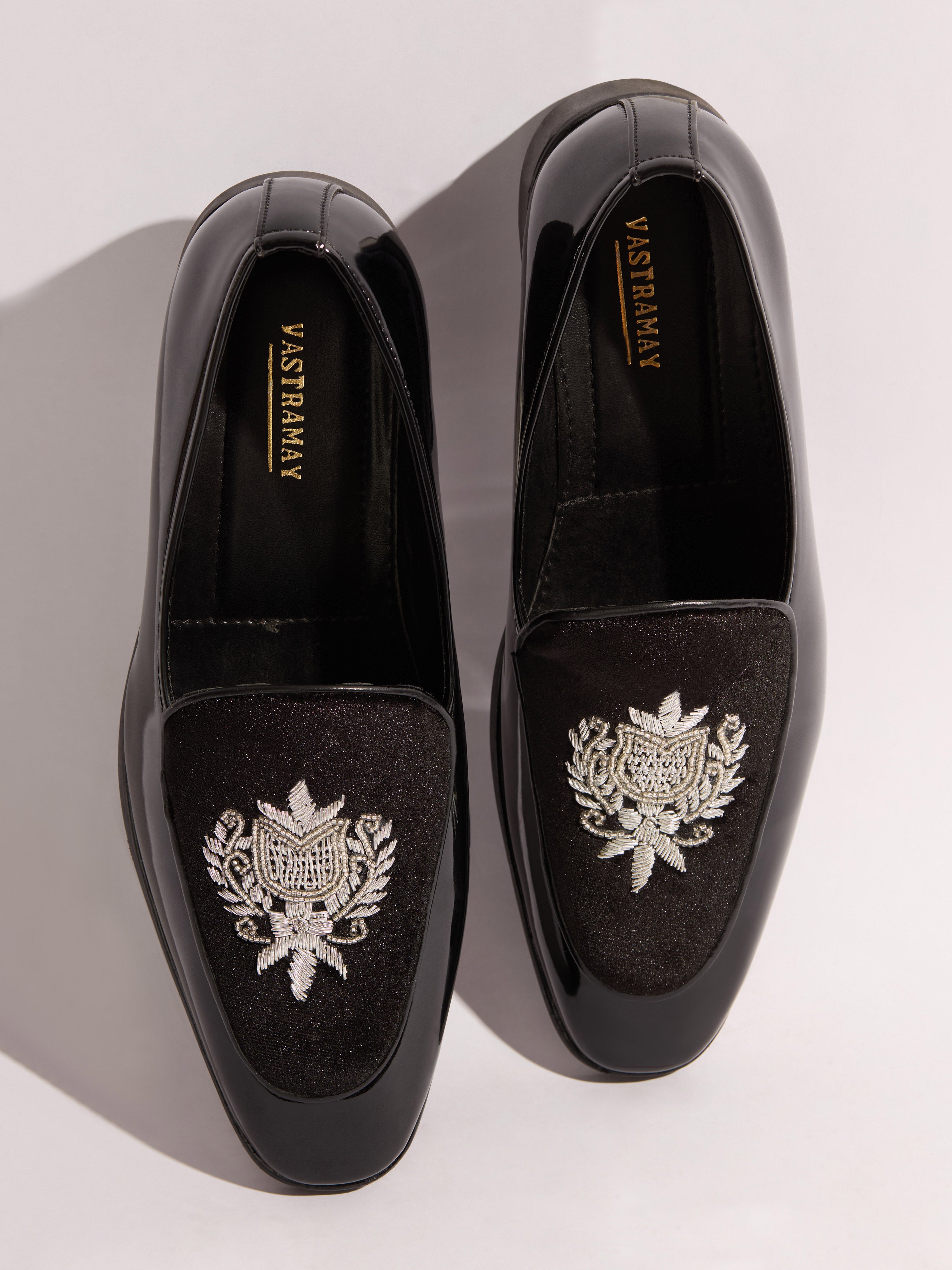 Men's Black Velvet-Patent Hybrid Loafer | Silver Zardozi Cross-Hatched Shield Crest | Artificial Beads | Almond Toe | TPR Sole