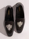 Men's Black Velvet-Patent Hybrid Loafer | Silver Zardozi Cross-Hatched Shield Crest | Artificial Beads | Almond Toe | TPR Sole